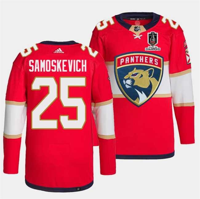 Mens Florida Panthers #25 Mackie Samoskevich Red Home 2024 Stanley Cup Champions Stitched Jersey Dzhi